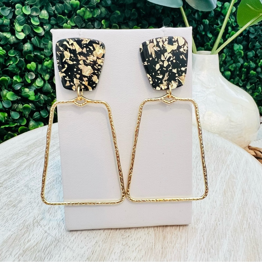 New Gold and Black Geometric Dangle Earrings | Lightweight | Hypoallergenic